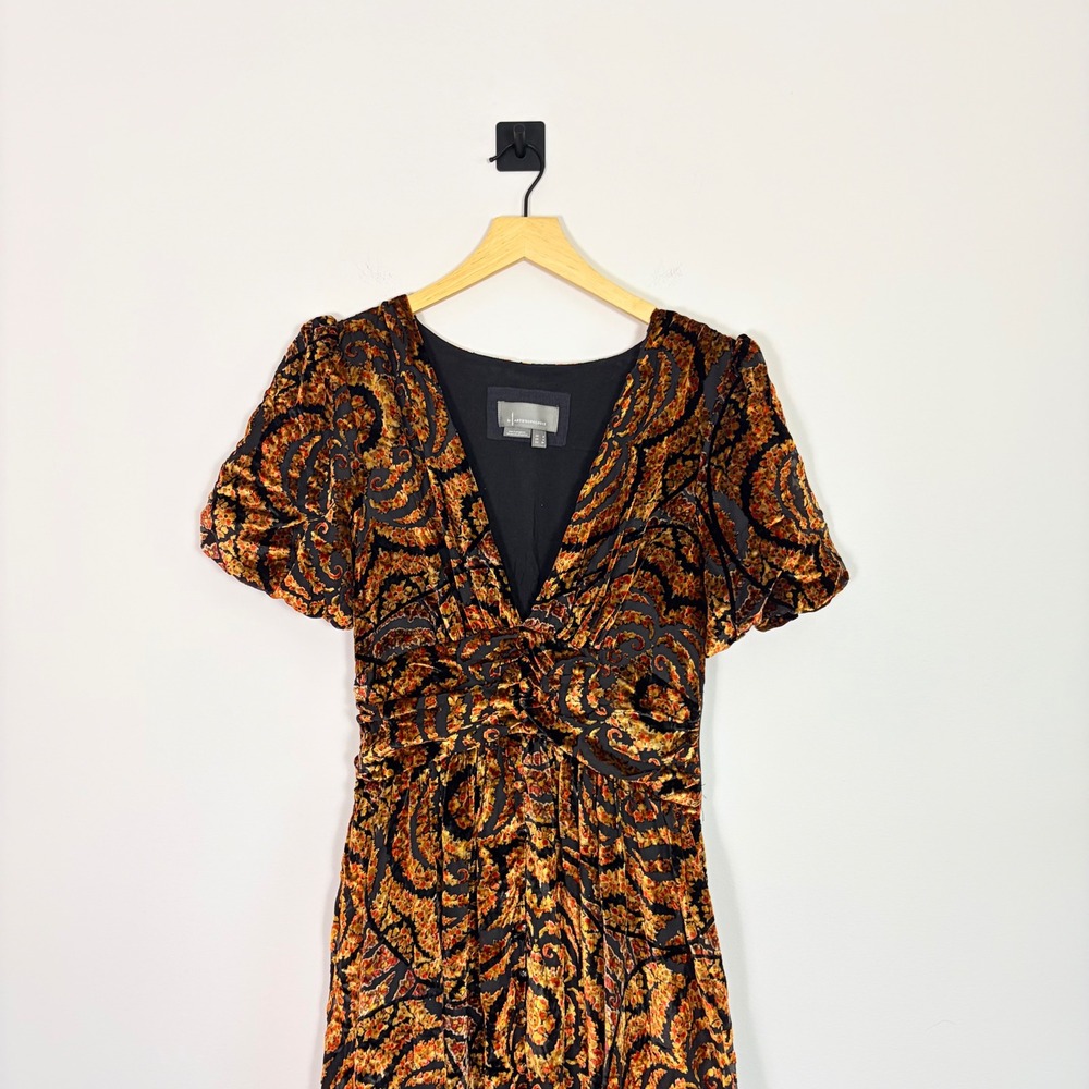 Anthropologie Catalina Burnout Velvet Dress Black Gold Paisley V-Neck Maxi Sz 4 - Picture 4 of 13